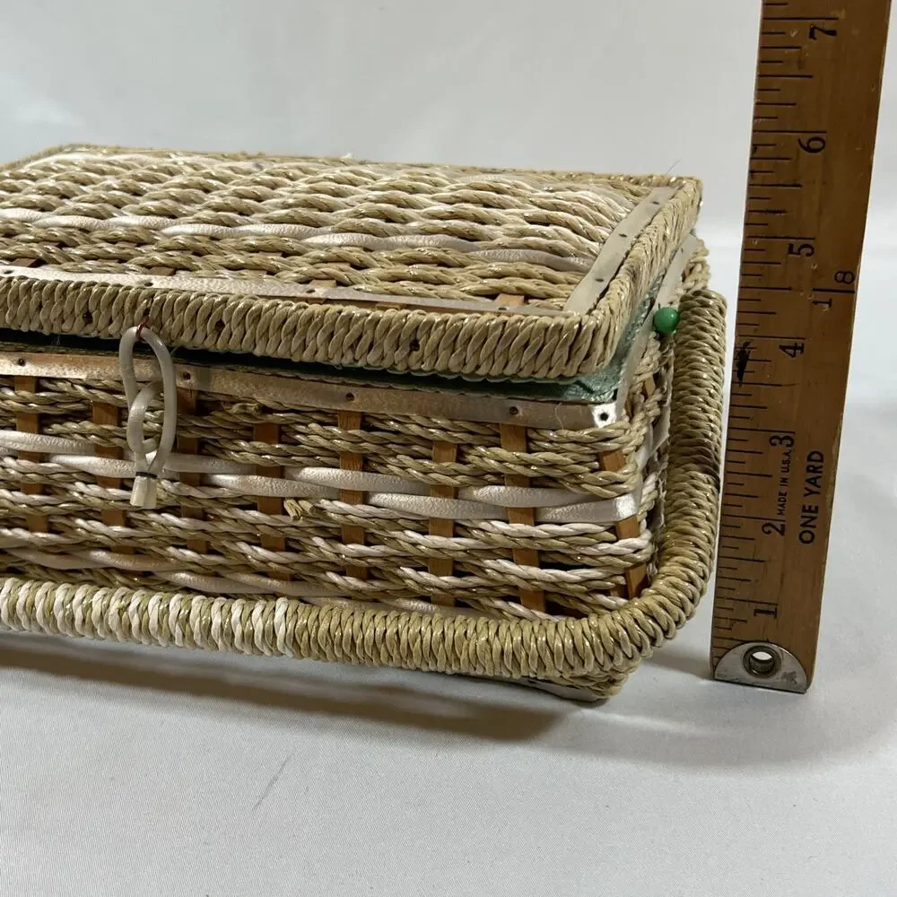 Vintage Woven Straw Wicker Sewing Basket Box Handle Satin Lining Rectangle